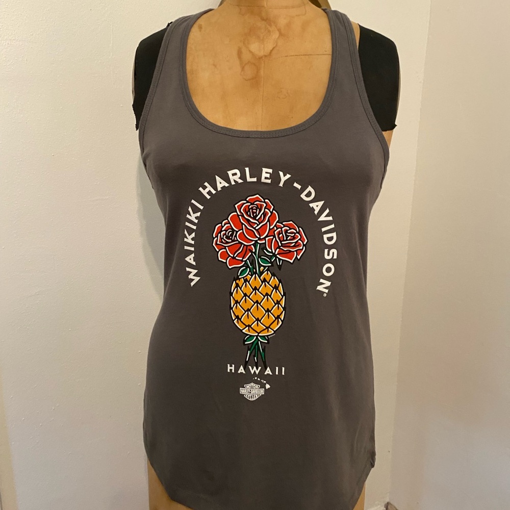 Harley-Davidson Charcoal Tank Top with Hawaiian Pineapple and Rose Graphic
